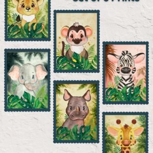 Collage of six watercolor safari baby animal prints—including giraffe, lion, elephant, zebra, monkey, and hippo—arranged as a printable nursery wall art set.